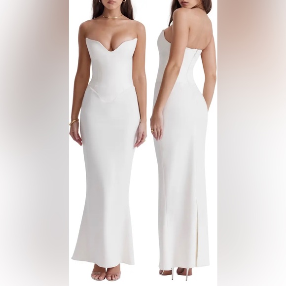 HOUSE OF CB Tamara Strapless Stretch Satin Gown in IVORY in PLUS CUP SMALL NWT! - Picture 1 of 9